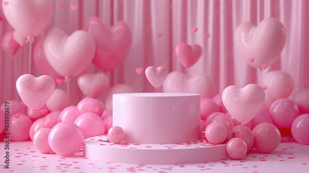 Romantic Pink Valentine's Day Setup with Heart Balloons and Cake Romantic Pink Valentine's Day Setup with Heart Balloons and Cake