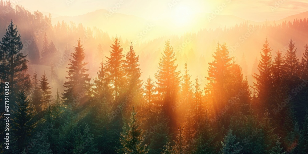 Majestic Sunrise over Misty Forest Landscape Majestic Sunrise over Misty Forest Landscape