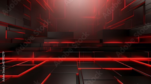 
3d rendering of red and black abstract geometric background. Scene for advertising, technology, showcase, banner, game, sport, cosmetic, business, metaverse. Sci-Fi Illustration. Product display
