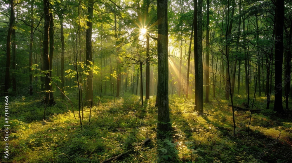 Obraz premium A serene forest scene with tall trees and sunlight filtering through the leaves.