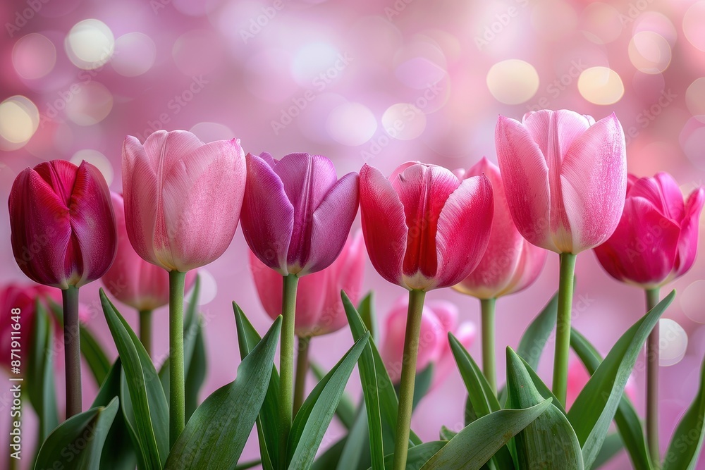 A vibrant row of pink and red tulips in full bloom against a dreamy, bokeh background. Perfect for spring, nature, and floral themes. A vibrant row of pink and red tulips in full bloom against a dreamy, bokeh background. Perfect for spring, nature, and floral themes.