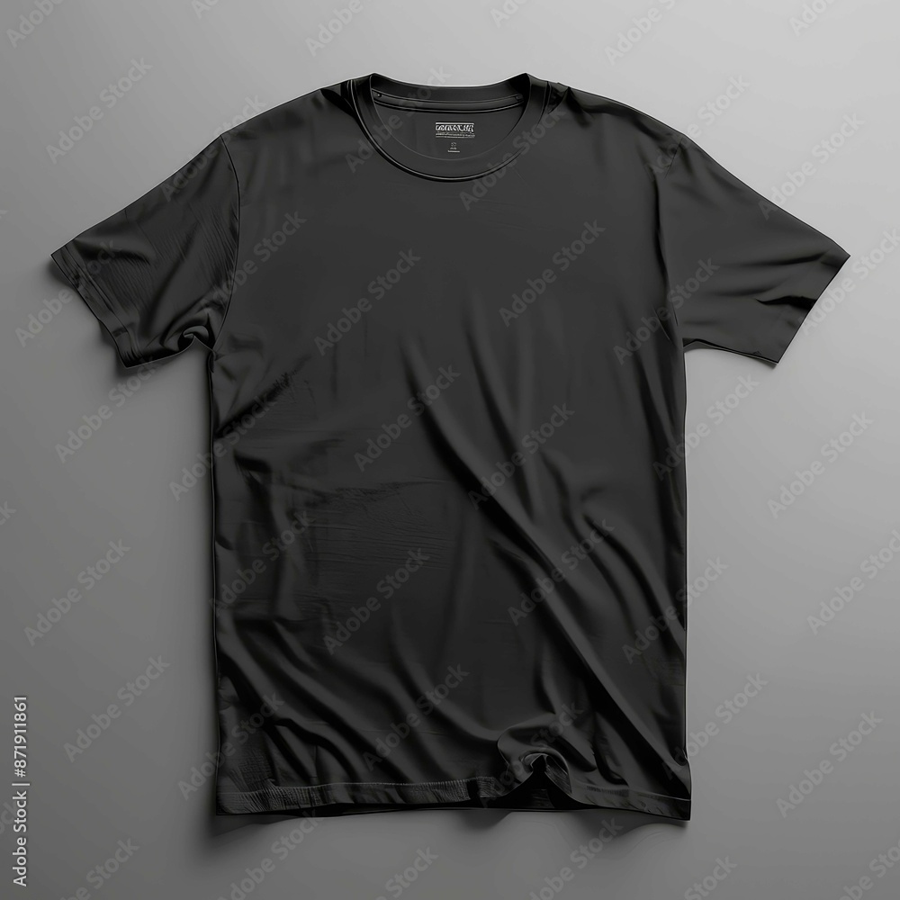 Black Crew Neck T-Shirt Laying Flat on a Grey Background Black Crew Neck T-Shirt Laying Flat on a Grey Background