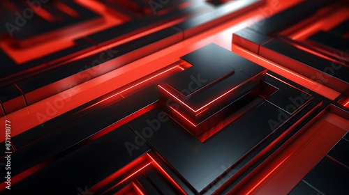 
3d rendering of red and black abstract geometric background. Scene for advertising, technology, showcase, banner, game, sport, cosmetic, business, metaverse. Sci-Fi Illustration. Product display