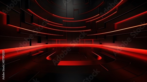 
3d rendering of red and black abstract geometric background. Scene for advertising, technology, showcase, banner, game, sport, cosmetic, business, metaverse. Sci-Fi Illustration. Product display