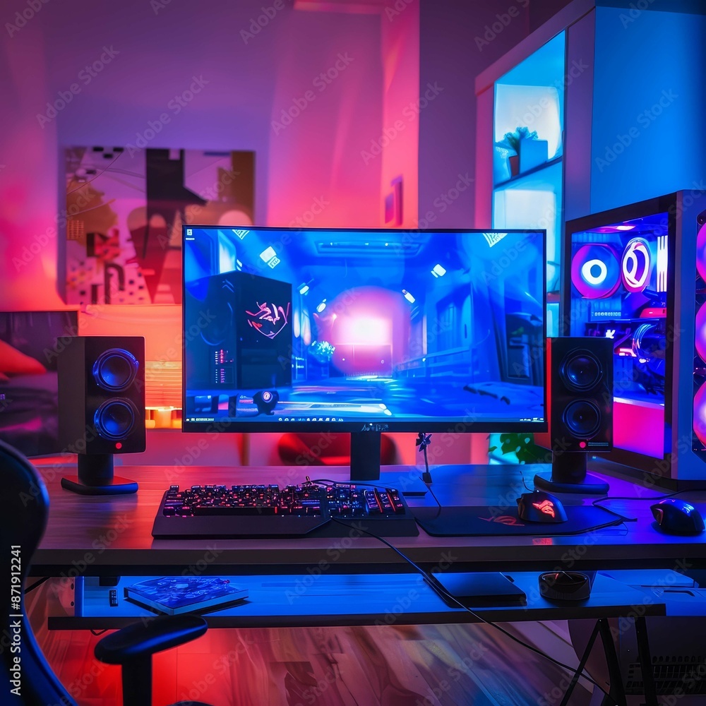 Modern Gaming Setup With Neon Lights and Futuristic Video Game Display Modern Gaming Setup With Neon Lights and Futuristic Video Game Display