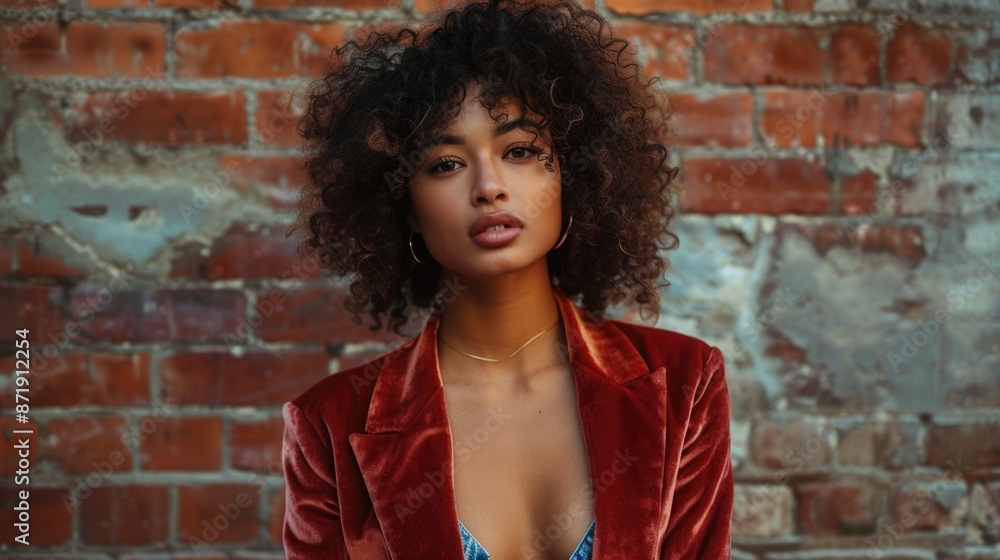 Confident Young Woman in Red Velvet Jacket Posing Against Brick Wall Confident Young Woman in Red Velvet Jacket Posing Against Brick Wall