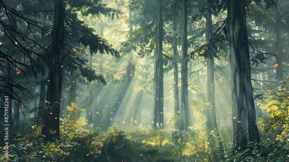 Fototapeta premium A serene forest scene with tall trees and sunlight filtering through the leaves.
