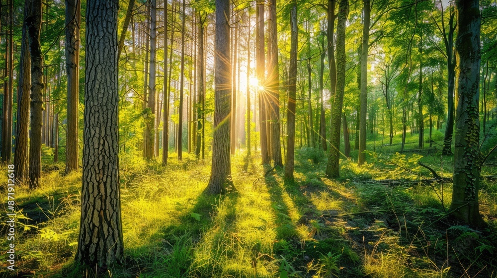 Fototapeta premium A serene forest scene with tall trees and sunlight filtering through the leaves.