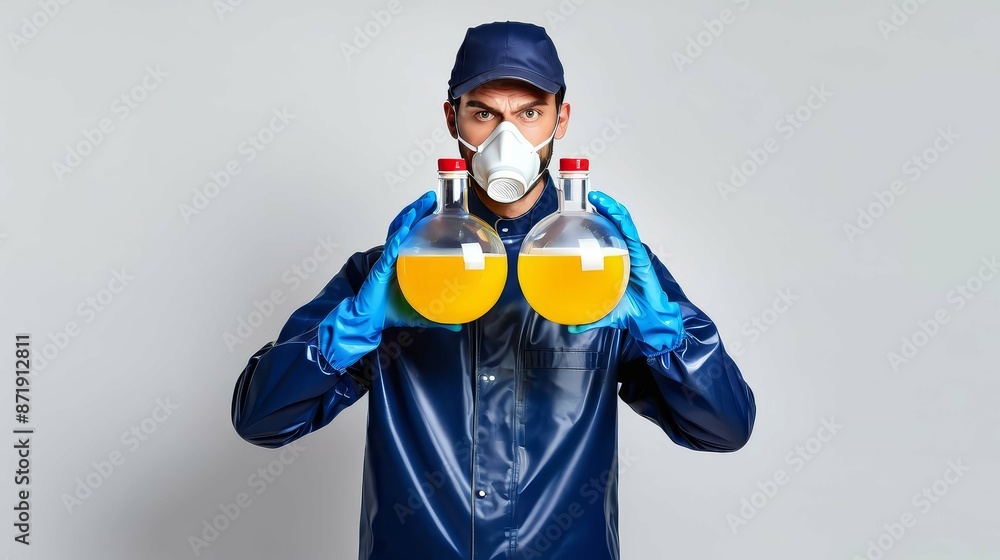 Man in Blue Coveralls Holding Two Flasks of Yellow Liquid While Wearing a Respirator Mask Man in Blue Coveralls Holding Two Flasks of Yellow Liquid While Wearing a Respirator Mask