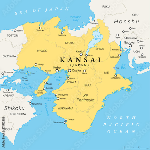 Kansai region, or the Kinki region in Japan, political map. Southern-central region of the main island Honshu, consisting of the prefectures Hyogo, Mie, Nara, Osaka, Kyoto, Shiga, and Wakayama. Vector