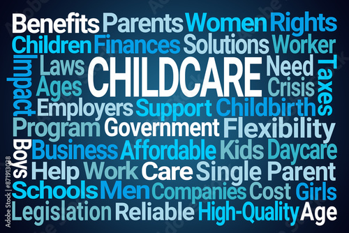 Childcare Word Cloud on Blue Background