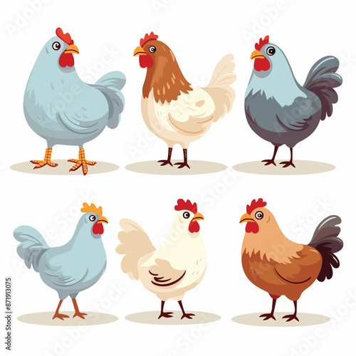 Set of poultry farm chicken birds. Hens cartoon style vector illustration