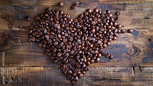 Heart-shaped Coffee Bean Pattern on Rustic Wooden Table