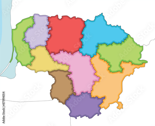 Vector illustrated regional blank map of Lithuania with counties and administrative divisions, and neighbouring countries and territories. Editable and clearly labeled layers. photo