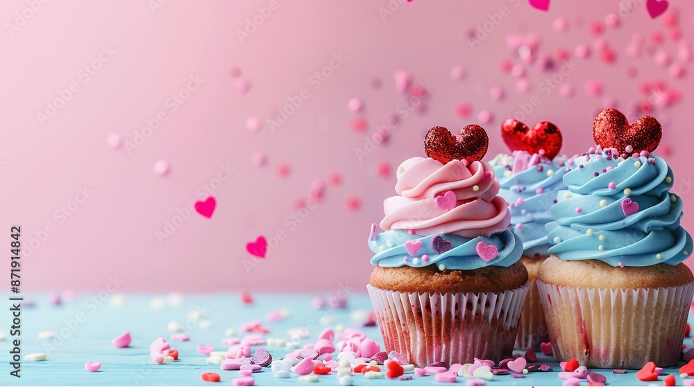Valentine's Day cupcakes with heart toppers on a pastel-colored background Valentine's Day cupcakes with heart toppers on a pastel-colored background
