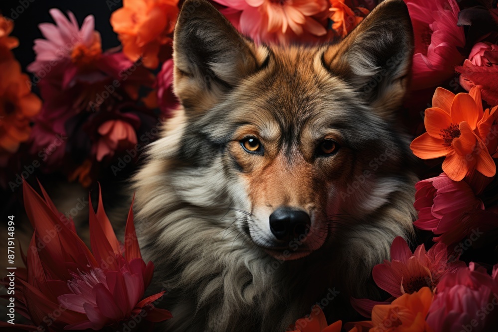 Abstract wolf in the tropical jungle an explosion of color and biodiversity, generative IA Abstract wolf in the tropical jungle an explosion of color and biodiversity, generative IA