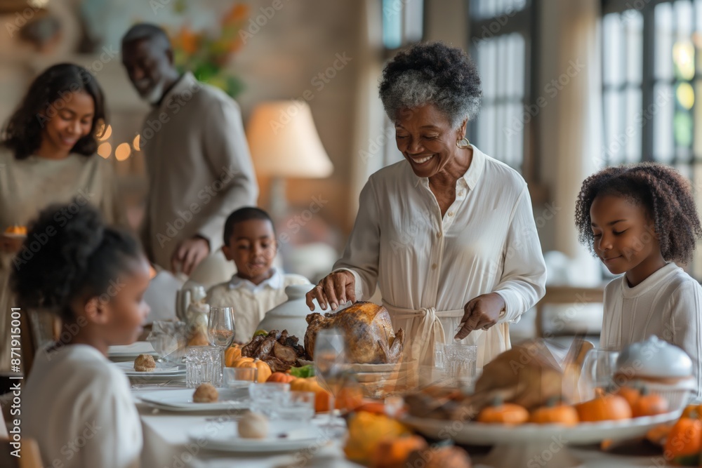 Elderly woman carving a turkey while family members smile and enjoy the meal. Elderly woman carving a turkey while family members smile and enjoy the meal.