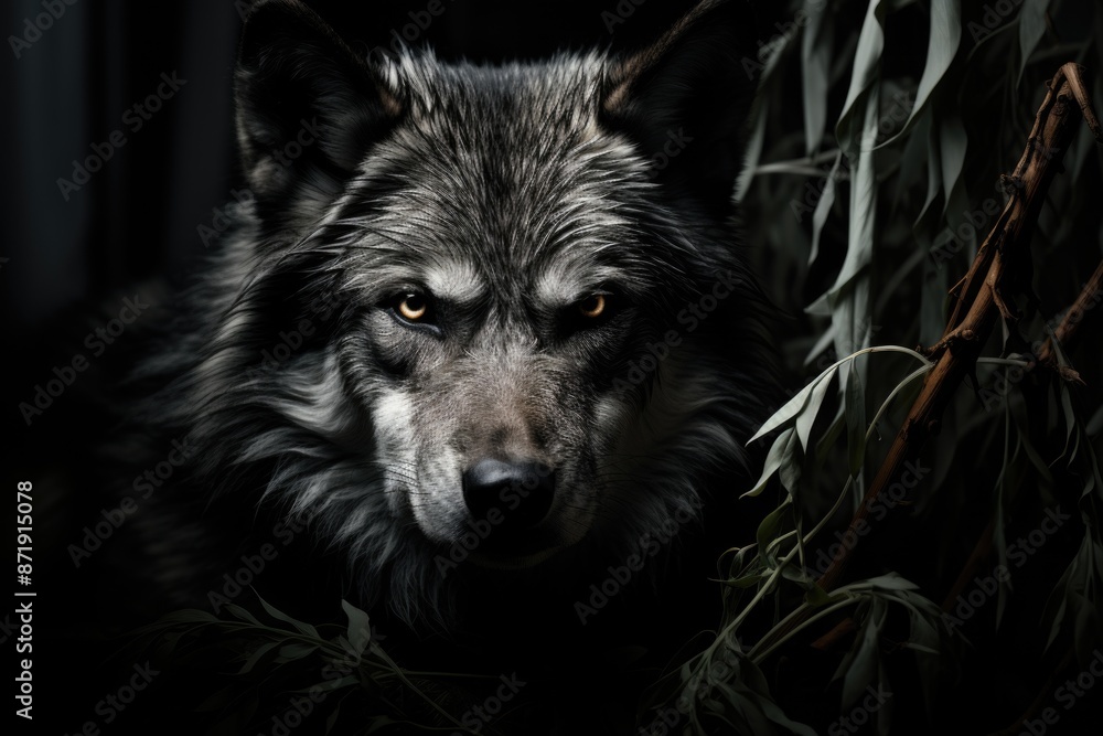 Lone Wolf between light and shadow in the enigmatic monochrome forest., generative IA Lone Wolf between light and shadow in the enigmatic monochrome forest., generative IA