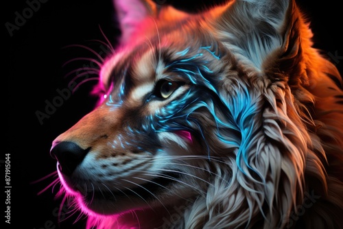 Wolf Neon Night Majesty under the electric moon vibrant lines and bright conto, generative IA photo