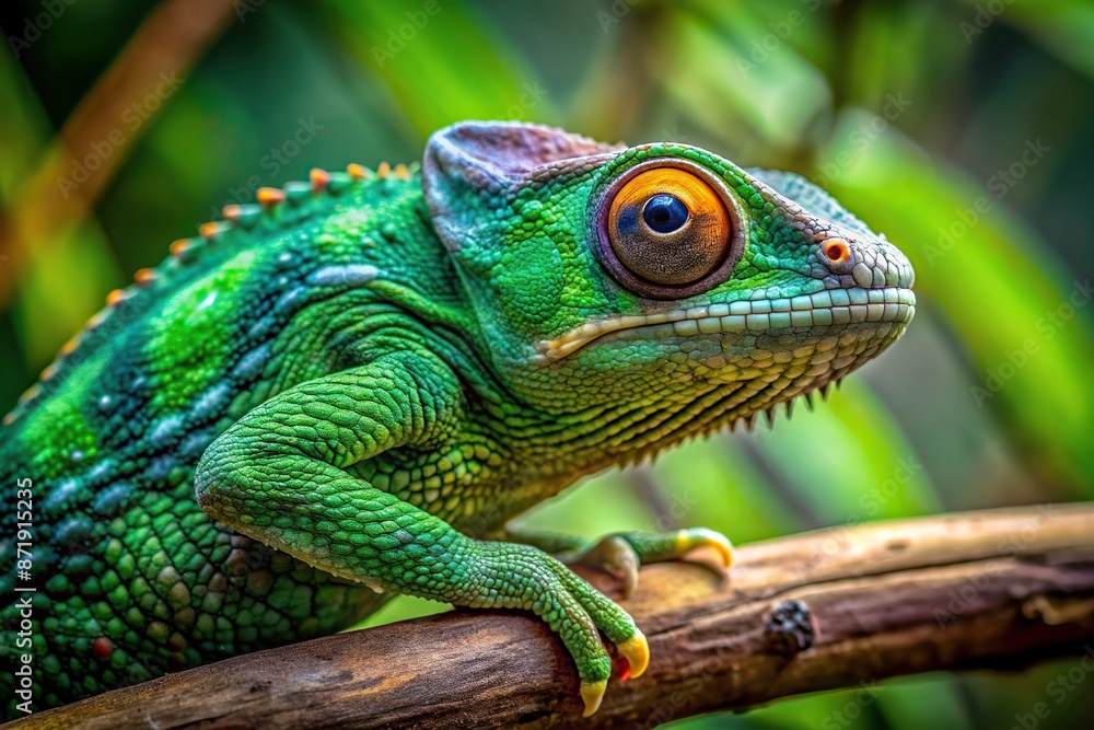 Vibrant green chameleon perched on a weathered wooden branch, its scaly skin blending seamlessly with the lush foliage, eyes fixed intently on the surroundings. Vibrant green chameleon perched on a weathered wooden branch, its scaly skin blending seamlessly with the lush foliage, eyes fixed intently on the surroundings.