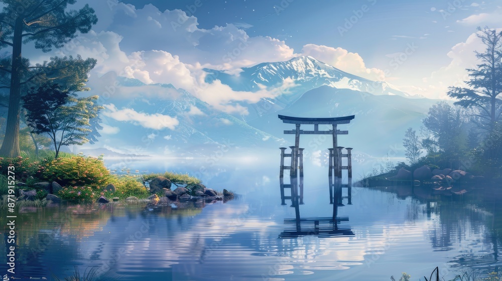 A serene lake with a traditional torii gate and mountains in the distance. A serene lake with a traditional torii gate and mountains in the distance.