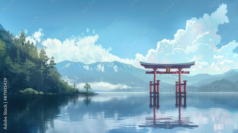 A serene lake with a traditional torii gate and mountains in the distance. A serene lake with a traditional torii gate and mountains in the distance.