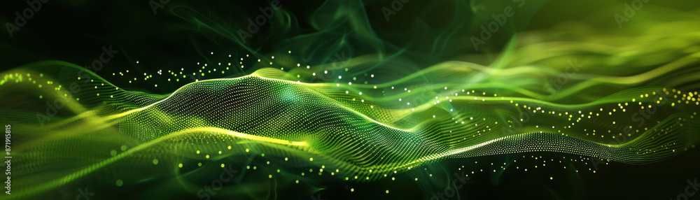 A mesmerizing digital abstract background featuring flowing green waves and glowing particles, creating an ethereal and futuristic visual effect. A mesmerizing digital abstract background featuring flowing green waves and glowing particles, creating an ethereal and futuristic visual effect.