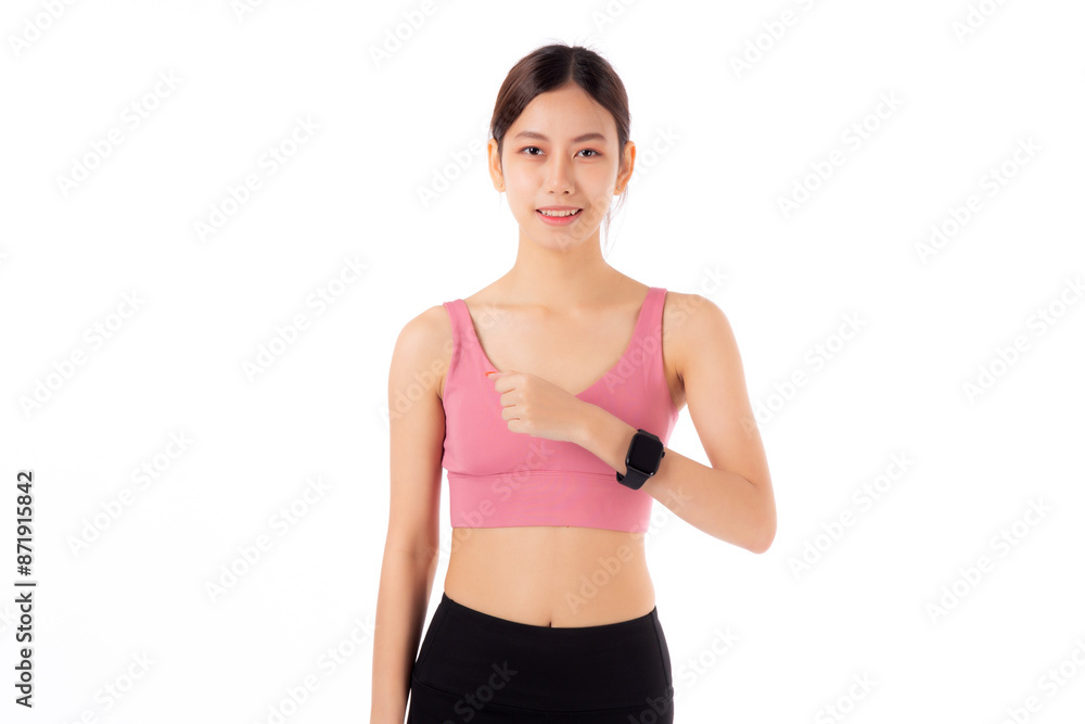 Happy young asian woman looking and show smartwatch for exercise and aerobics with cardio isolated on white background, female looking smart watch while workout with health, sport concept. Happy young asian woman looking and show smartwatch for exercise and aerobics with cardio isolated on white background, female looking smart watch while workout with health, sport concept.