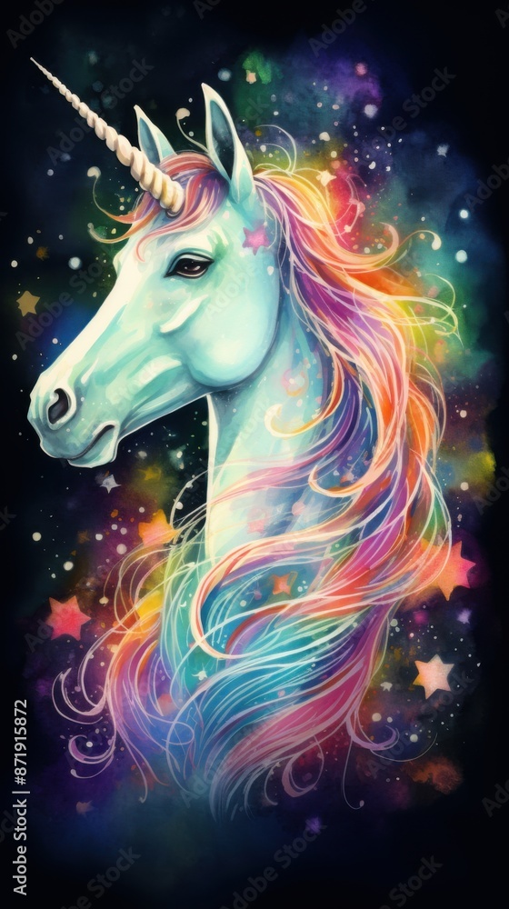 Enchanted Unicorn with Rainbow Mane in Magical Night Sky - Watercolor Fantasy Illustration with Twinkling Lights Enchanted Unicorn with Rainbow Mane in Magical Night Sky - Watercolor Fantasy Illustration with Twinkling Lights