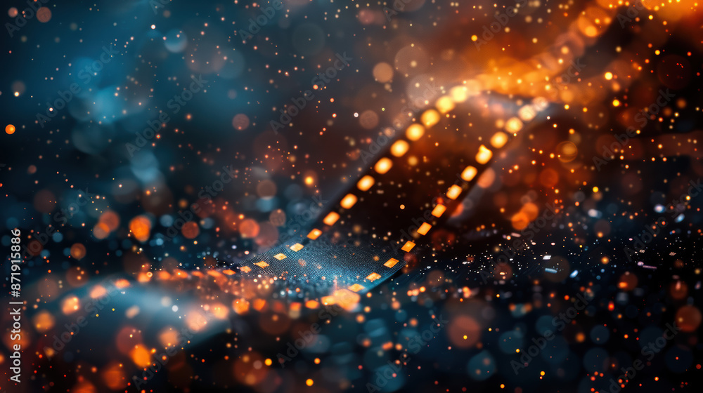 Abstract close-up of a glowing film strip against a vibrant, bokeh-filled background. Perfect for creative projects and digital designs. Abstract close-up of a glowing film strip against a vibrant, bokeh-filled background. Perfect for creative projects and digital designs.