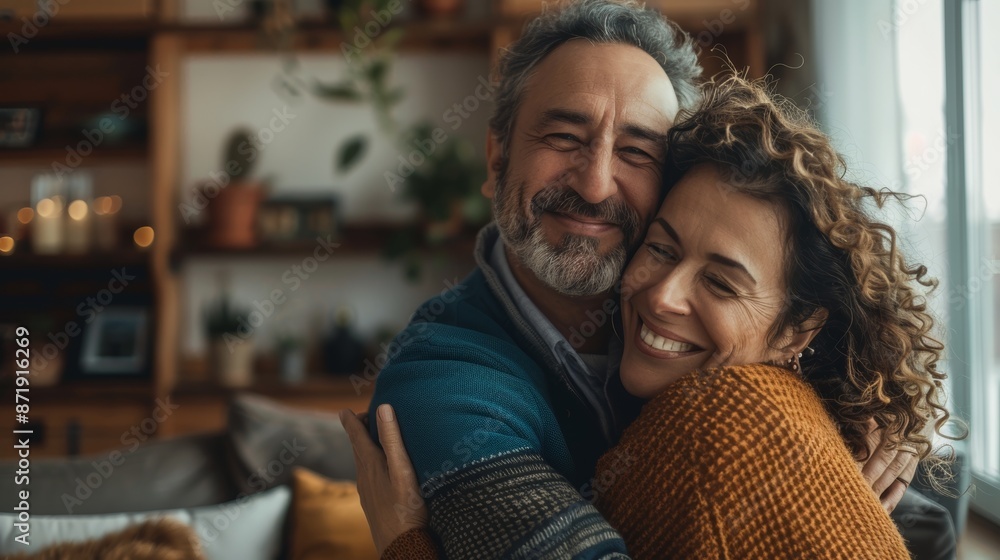The image depicts a middle-aged woman and a young man as they embrace and smile in a modern living room.