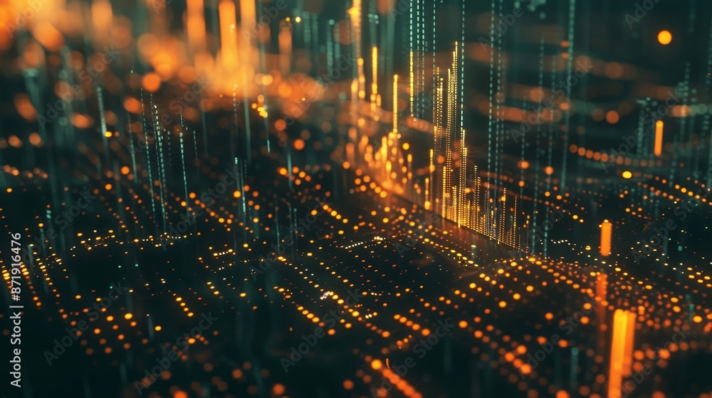 Fototapeta premium A captivating animation showing fluctuating market trends, charts, bars, diagrams of cryptocurrency and finance trading, as profits and losses increase and decrease