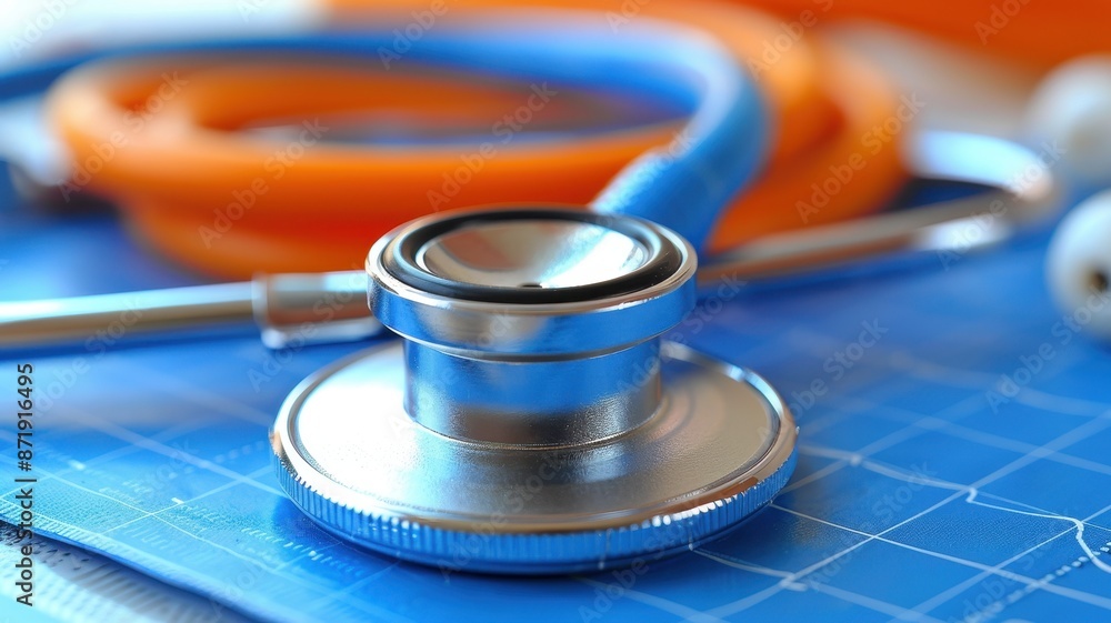 Close-up image of a stethoscope on a blue medical chart, symbolizing healthcare and medical practice tools and equipment. Close-up image of a stethoscope on a blue medical chart, symbolizing healthcare and medical practice tools and equipment.