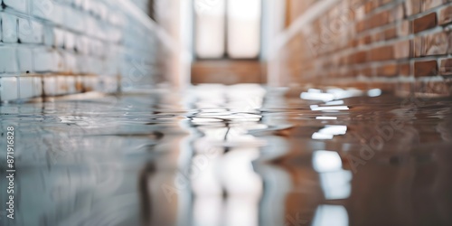 Selective focus photo of cleaning up a flooded basement after snowmelt or pipe burst. Concept Flood Cleanup, Basement Maintenance, Water Damage Restoration, Home Renovation, Cleaning Techniques photo