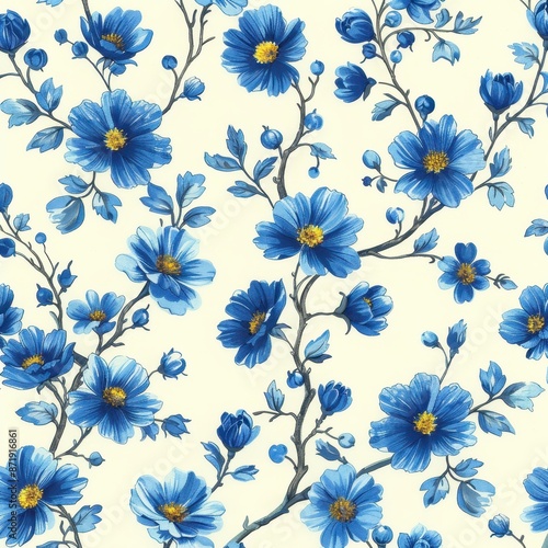 Wallpaper Mural Elegant seamless pattern with blue floral blooms on a light background, perfect for fabric, wallpaper, or gift wrap design. Torontodigital.ca