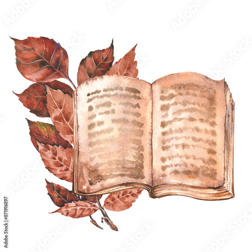 Open book and brown autumn leaves. Hand painted watercolor illustration.