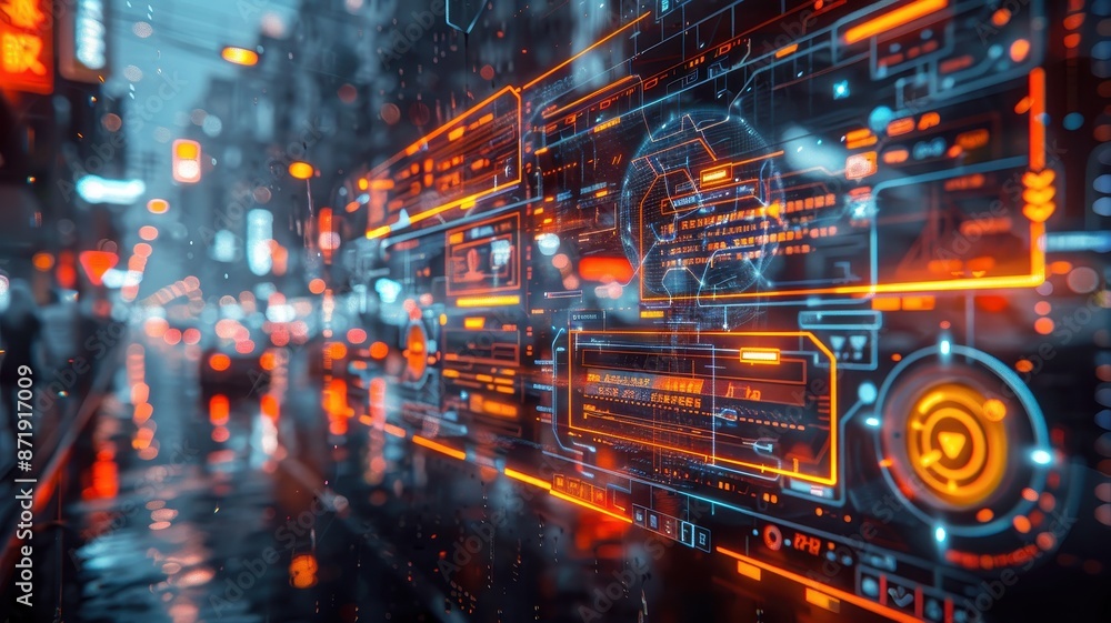 Futuristic city street scene with holographic digital interface overlays, depicting advanced technology and urban innovation. Futuristic city street scene with holographic digital interface overlays, depicting advanced technology and urban innovation.
