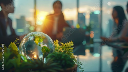 Asian businesspeople discuss ESG guidelines, risk management, SDGs, global warming, green finance, and a net zero waste lifestyle in a boardroom training facility.