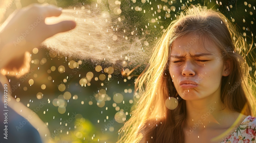 'Mouse midge' spray being sprayed by man on woman. Woman frowning at smell of insect spray. Woman covering body with spray against mosquitoes, midges, and insects. 'Mouse midge' spray being sprayed by man on woman. Woman frowning at smell of insect spray. Woman covering body with spray against mosquitoes, midges, and insects.