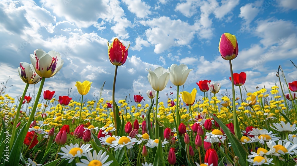 Blooming Bliss: Sunny Field of Daisies and Tulips under a Bright Sky with Copy Space Blooming Bliss: Sunny Field of Daisies and Tulips under a Bright Sky with Copy Space