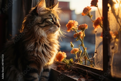 Feline Portrait Vintage cat contemplates the city through the window, a nostalgi, generative IA photo