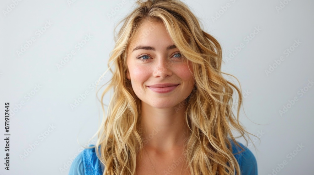 Radiant Young Woman with Bright Blue Eyes and Blonde Wavy Hair Smiling Radiant Young Woman with Bright Blue Eyes and Blonde Wavy Hair Smiling