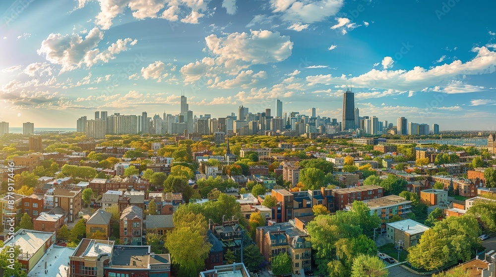 Obraz premium Panorama of a green neighborhood in Chicago, Illinois, US with a skyline of majestic skyscrapers in the background.