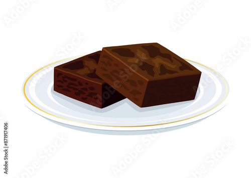 Chocolate brownie on a plate vector illustration. Brownies cake on a plate icon vector isolated on a white background. Chocolate square pastry drawing. Template for background, banner, card
