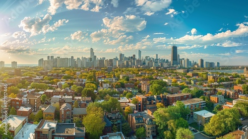 Panorama of a green neighborhood in Chicago, Illinois, US with a skyline of majestic skyscrapers in the background.