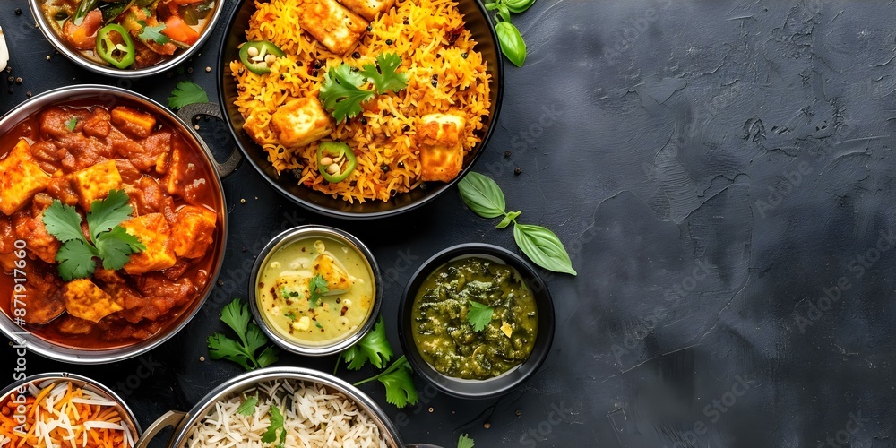 Assortment of Indian dishes including chicken paneer biryani and curry. Concept Indian Cuisine, Chicken Biryani, Paneer Curry, Delicious Recipes, Food Photography Assortment of Indian dishes including chicken paneer biryani and curry. Concept Indian Cuisine, Chicken Biryani, Paneer Curry, Delicious Recipes, Food Photography