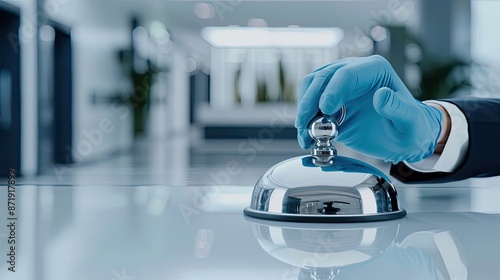 A gloved hand rings a silver service bell on a countertop in a modern lobby