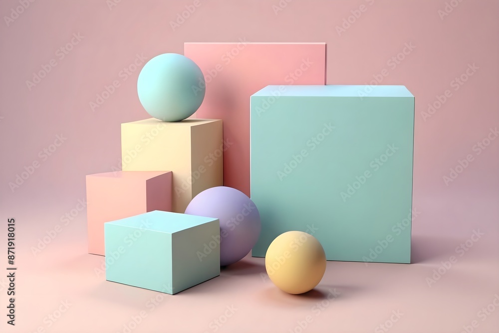 Abstract 3D geometric shapes including cubes, cuboids, spheres, in pastel colors Abstract 3D geometric shapes including cubes, cuboids, spheres, in pastel colors