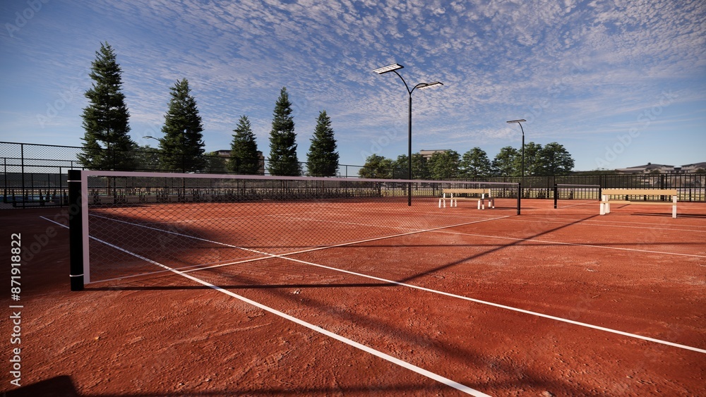Obraz premium Net red clay tennis court with lights, and seats for watching