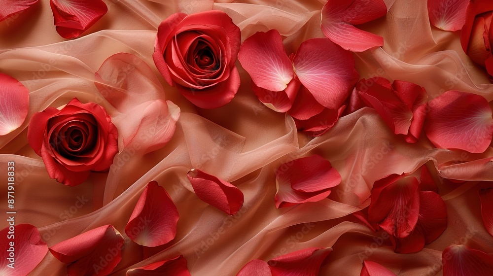 Elegant Rose Petals on Soft Fabric Background with Copy Space Elegant Rose Petals on Soft Fabric Background with Copy Space